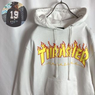 スラッシャー(THRASHER)の古着スラッシャー THRASHER パーカー ファイヤーパターン ホワイト白色M(パーカー)