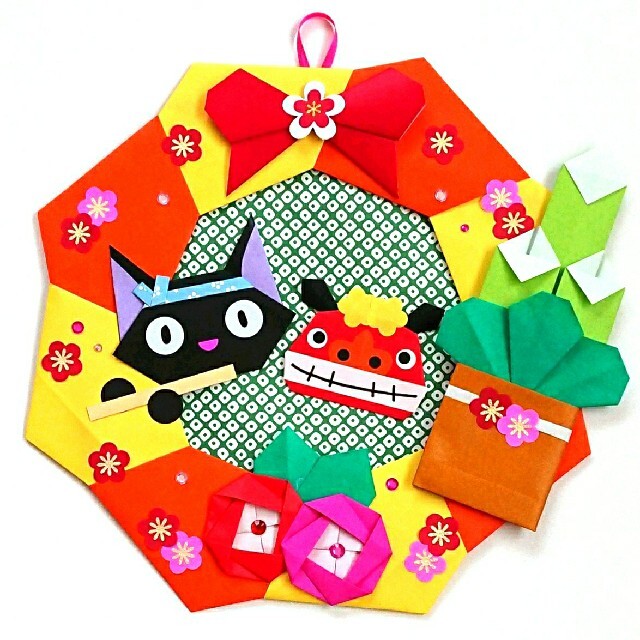 ☆ 折り紙 リース 壁面飾り 「黒猫ちゃんと獅子舞さん♡お正月」