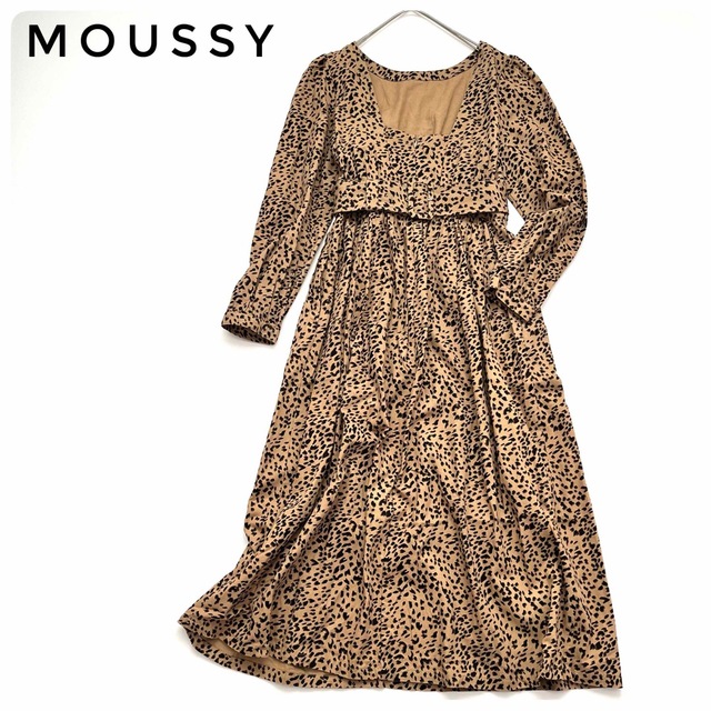 moussy(マウジー)のレオパード柄✨ロング ワンピース マキシ丈 ブラウン ベージュ 長袖 2 レディースのワンピース(ロングワンピース/マキシワンピース)の商品写真