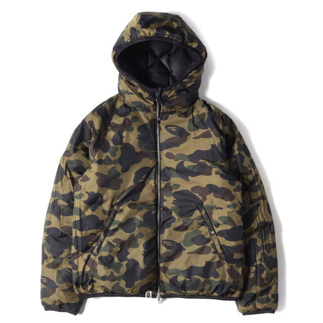 A BATHING APE ア ベイシング エイプ ジャケット 1stカモ リバーシブル キルティング ダウンジャケット グリーンカモ ブラック 迷彩 M アウター ブルゾン 【メンズ】