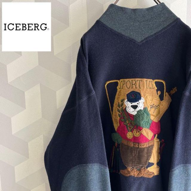 【80s Iceberg】イタリア製 ウール モックネック刺繍 ニットセーター