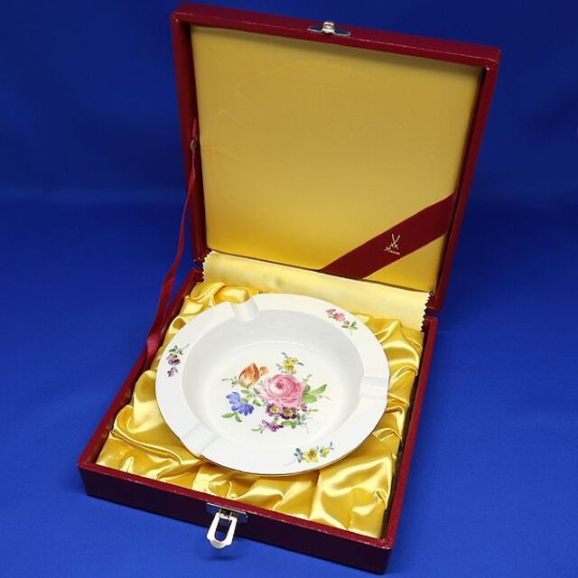 作品 未使用 Meissen マイセン 5つ花 ピンクローズ 花 多彩 双剣 灰皿