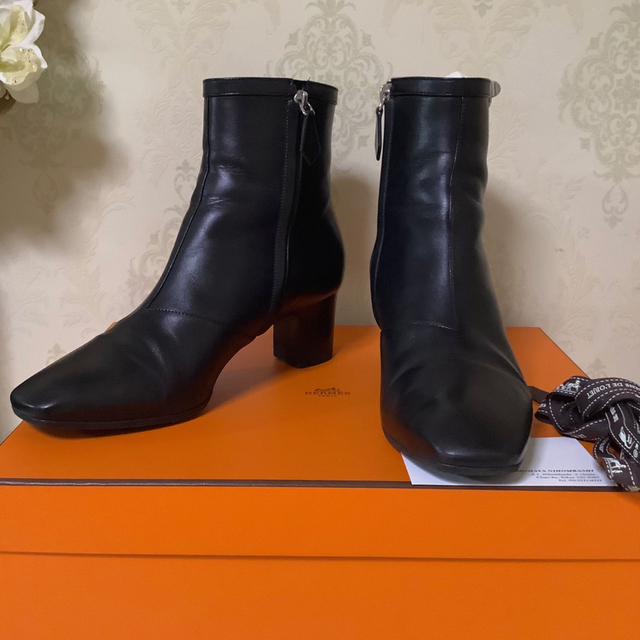 HERMES ショートブーツ 371/2 ブラック 黒 コリエドシアン