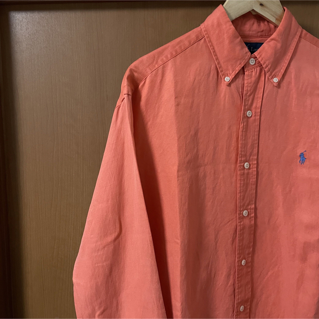 【美品】90s ラルフローレン シルクリネンシャツ エルメス オレンジ Sサイズ