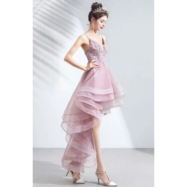 キャミソールチュールレース背中編上げミニロングドレスピンク　ロングドレス レディースのフォーマル/ドレス(ロングドレス)の商品写真