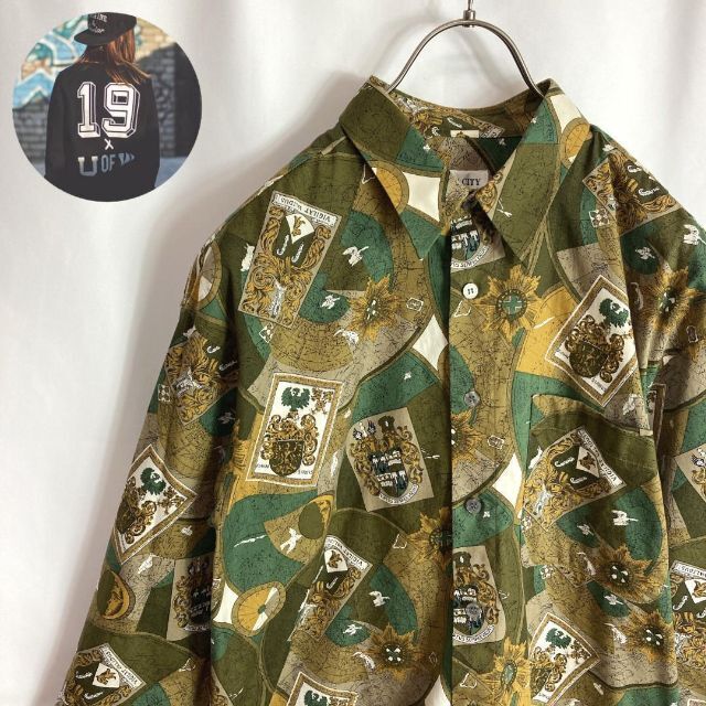 100%品質 【柄シャツ 長袖 総柄 スカーフ柄 レトロボタン アイボリー