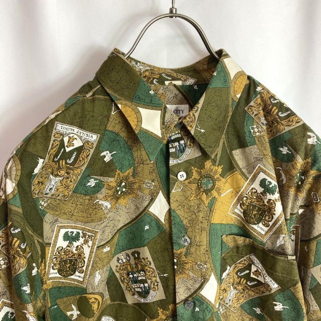 100%品質 【柄シャツ 長袖 総柄 スカーフ柄 レトロボタン アイボリー