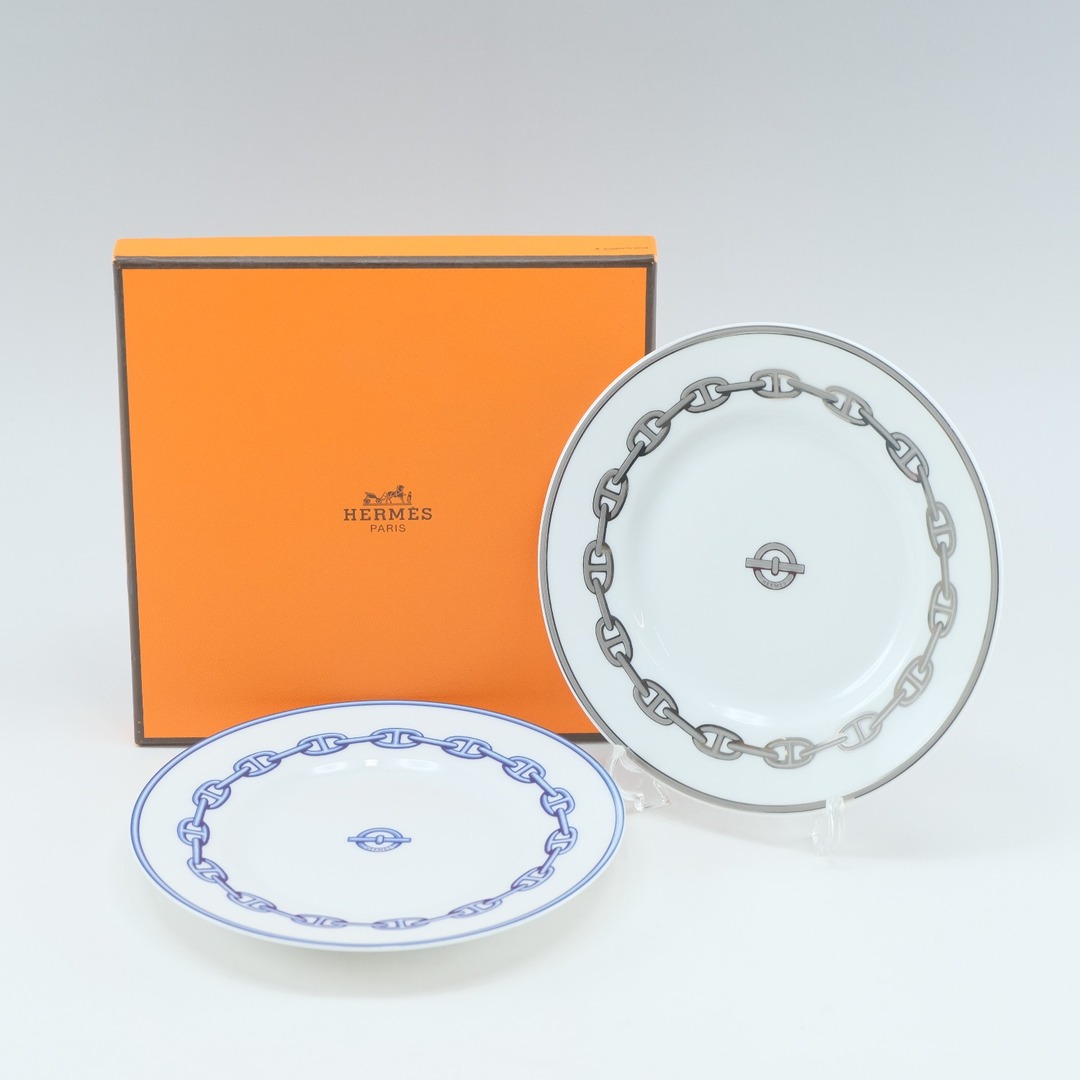 【HERMES】エルメス シェーヌダンクル プレート×2 ポーセリン ブルー＆シルバー _ 食器