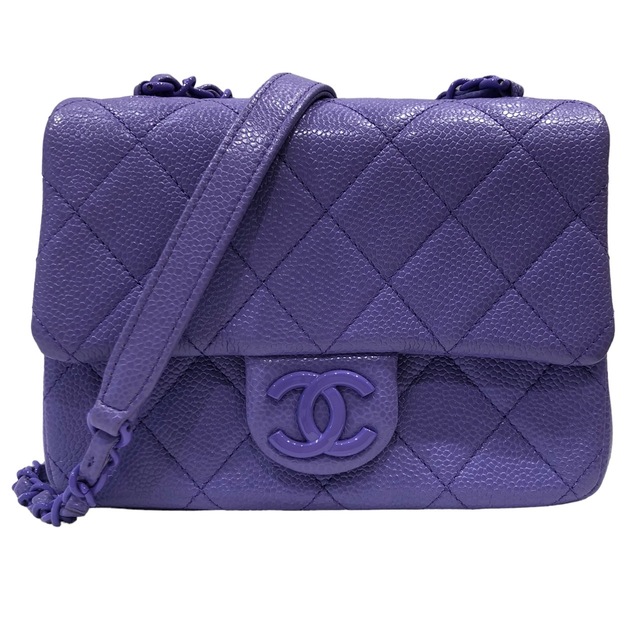 ☆CHANEL シャネル ミニマトラッセ キャビアスキン フラップバッグ パープル金具 プラスチック ショルダーバッグ18cm高さ