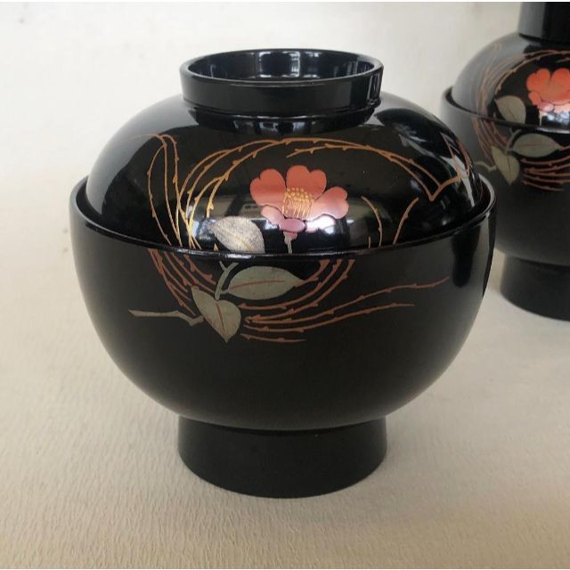 吸物椀 漆器 花に柳の絵蒔絵 黒内朱 5客 在庫整理 おせち 雑煮椀 汁椀 1