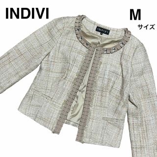 インディヴィ(INDIVI)のインディビ　ノーカラージャケット　ツイードジャケット　M(ノーカラージャケット)