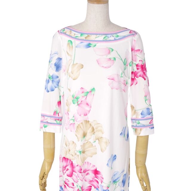 極美品 レオナール LEONARD FASHION ワンピース ドレス 花柄 総柄 ジャージー レディース トップス 38(S相当) ホワイト