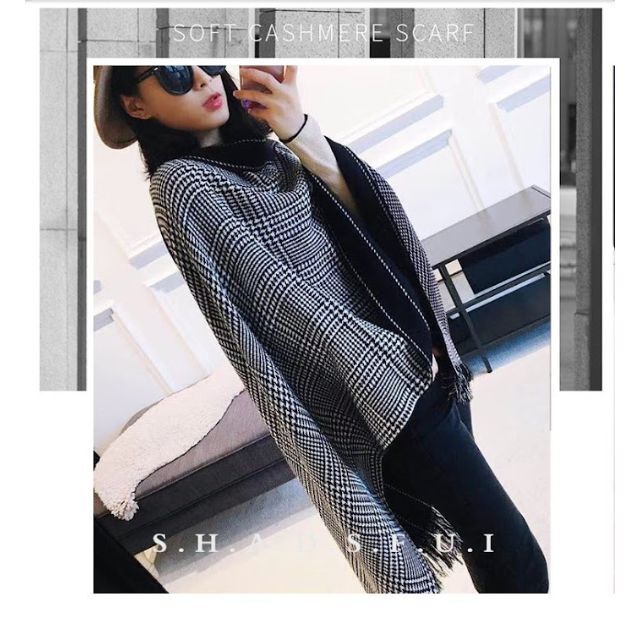 カシミヤ100%マフラー☆リバーシブルグレンチェック黒stripe メンズのファッション小物(ストール)の商品写真