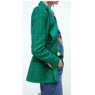 ZARA テクスチャーダブルブレスト　ブレザー　グリーン　XSサイズ