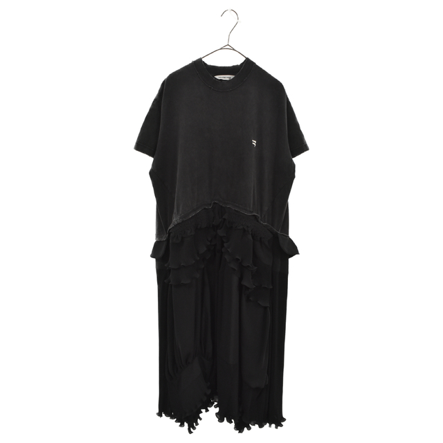 BALENCIAGA バレンシアガ 21SS SPORTY B PLEATED DRESS スポーティーＢ ダメージ加工Tシャツ切り替え プリーツ ワンピース ドレス レディース ブラック 680804