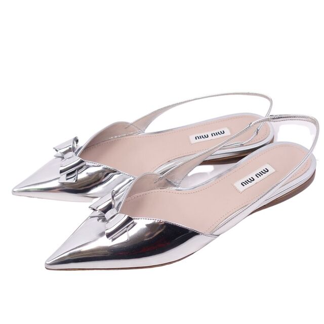 未使用 ミュウミュウ miumiu パンプス フラットパンプス バックストラップ リボン エナメルレザー シューズ 靴 レディース 36(23cm相当) シルバー