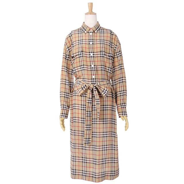 極美品 バーバリー BURBERRY ワンピース シャツワンピース シルク チェック ドレス 8009072 ベルト付き レディース UK4 US2  IT36(S相当) ベージュ