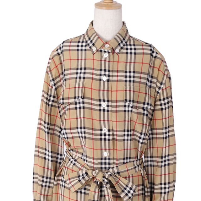 極美品 バーバリー BURBERRY ワンピース シャツワンピース シルク チェック ドレス 8009072 ベルト付き レディース UK4 US2 IT36(S相当) ベージュ
