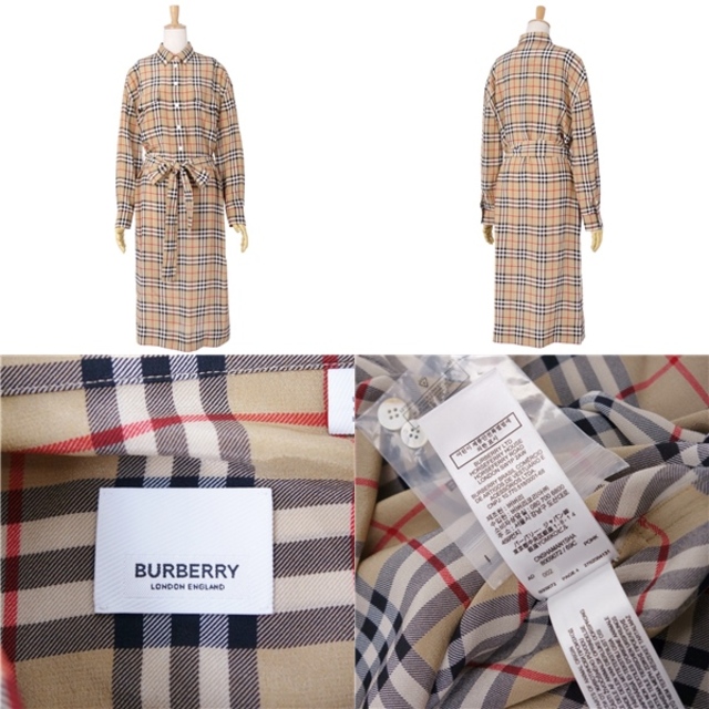 極美品 バーバリー BURBERRY ワンピース シャツワンピース シルク チェック ドレス 8009072 ベルト付き レディース UK4 US2  IT36(S相当) ベージュ