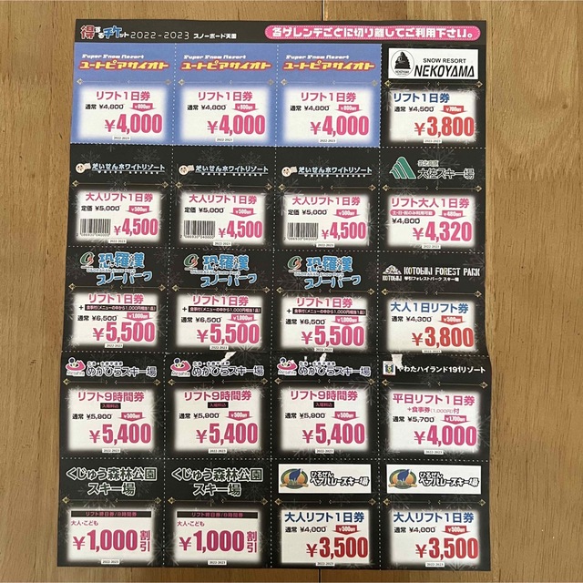 スノボ/スキー　リフト割引券　2022-2023 チケットの施設利用券(スキー場)の商品写真
