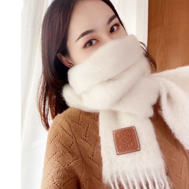 のため】 ロエベ LOEWE モヘア マフラー ストール ホワイト レザー ...