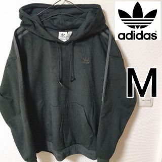 アディダス(adidas)のadidas 黒 ベロア コーディロイ 女性M プルオーバーパーカー アディダス(パーカー)