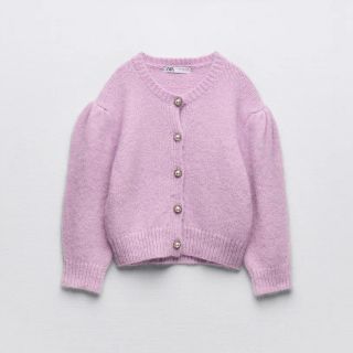 ザラ(ZARA)のZARA ザラ ビジューニットカーディガン M パープル 紫(カーディガン)