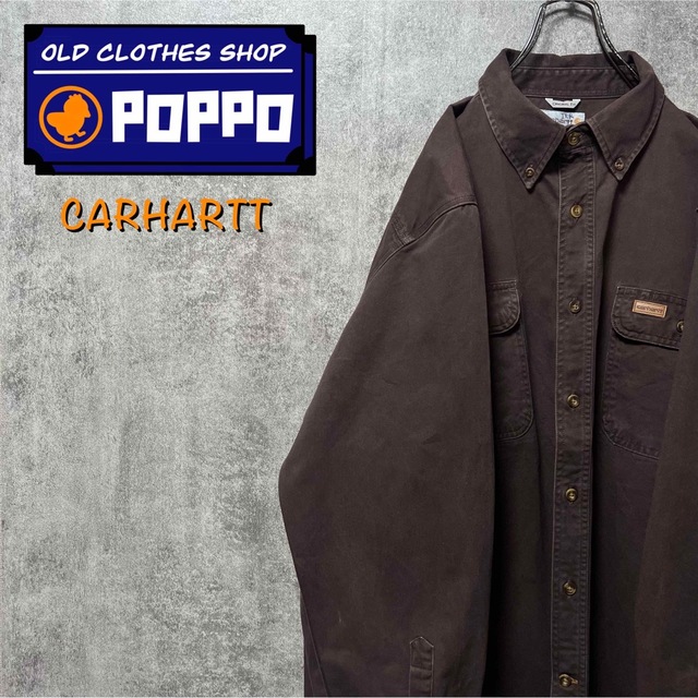 carhartt(カーハート)のカーハート☆レザーロゴ入りフラップ付きダブルポケットワークシャツ XLサイズ メンズのトップス(シャツ)の商品写真