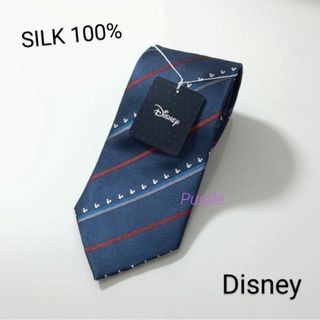 ディズニー(Disney)の【未使用】ディズニー 三つ丸ミッキー刺繍ストライプ柄ネクタイ／ネイビー×レッド(ネクタイ)