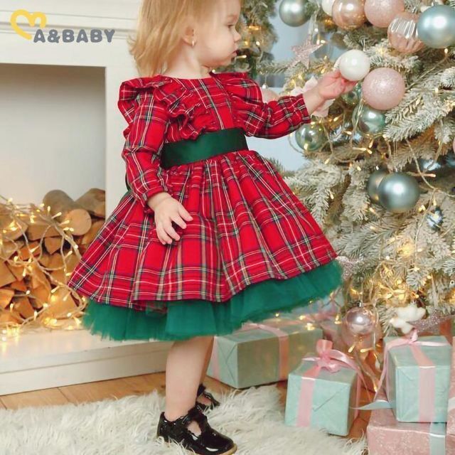 100赤タータンチェックワンピースドレス緑色リボン♥クリスマス子供服キッズ女の子 キッズ/ベビー/マタニティのキッズ服女の子用(90cm~)(ワンピース)の商品写真