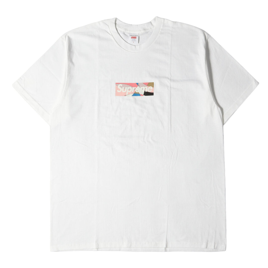 Supreme シュプリーム Tシャツ Emilio Pucci エミリオ プッチ アーカイブ 柄 BOXロゴ クルーネックTシャツ Box Logo Tee 21SS ホワイト 白 L トップス カットソー 半袖 コラボ 【メンズ】【美品】【R016】