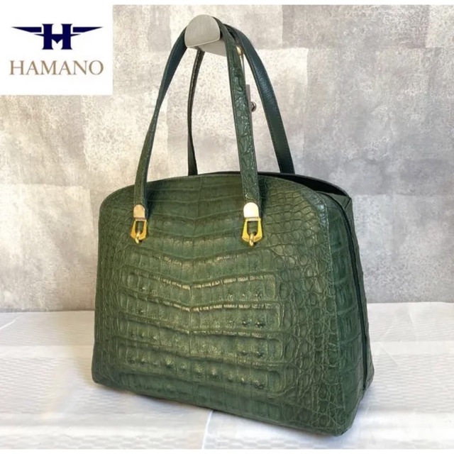 美品】HAMANO 皇室御用達 リアルマットクロコダイル グリーンハンドバッグ-