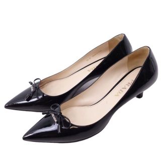 プラダ PRADA パンプス リボン ロゴ エナメルレザー ヒール シューズ 靴 レディース 36 1/2(23.5cm相当) ブラック