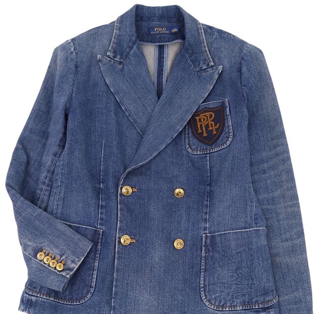 美品 ラルフローレン RALPH LAUREN ジャケット ブレザー デニム ダブルブレスト 金ボタン コットン アウター レディース 14/180/108A(L相当) インディゴブルー