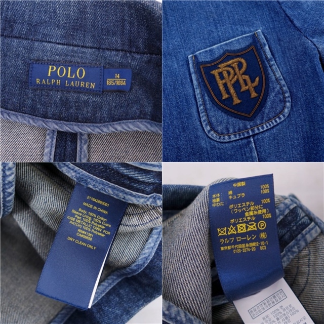 美品 ラルフローレン RALPH LAUREN ジャケット ブレザー デニム ダブルブレスト 金ボタン コットン アウター レディース  14/180/108A(L相当) インディゴブルー