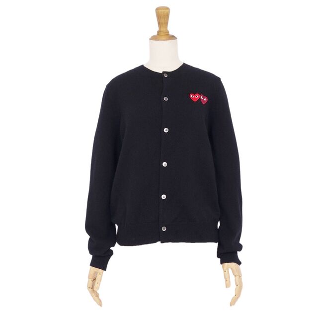 美品 プレイコムデギャルソン PLAY COMME des GARCONS ニット カーディガン ロングスリーブ ハート ウール トップス レディース L ブラック実寸サイズ着丈