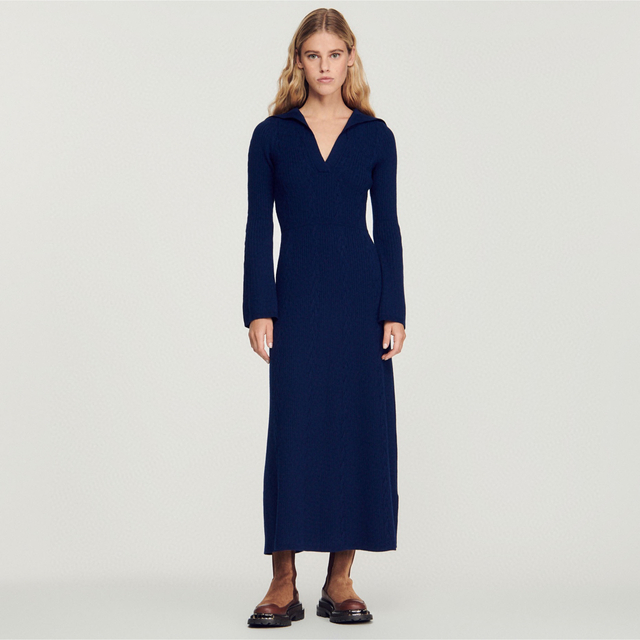 ❤️Sandro22 新作新品 紺 ニット 長袖ロングワンピース オシャレ上品