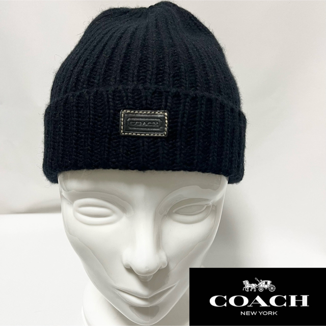 COACH 【超美品】COACHコーチ レザー本革ロゴ付きカシミア混黒ニットキャップ男女兼用の通販 by woon shop｜コーチならラクマ