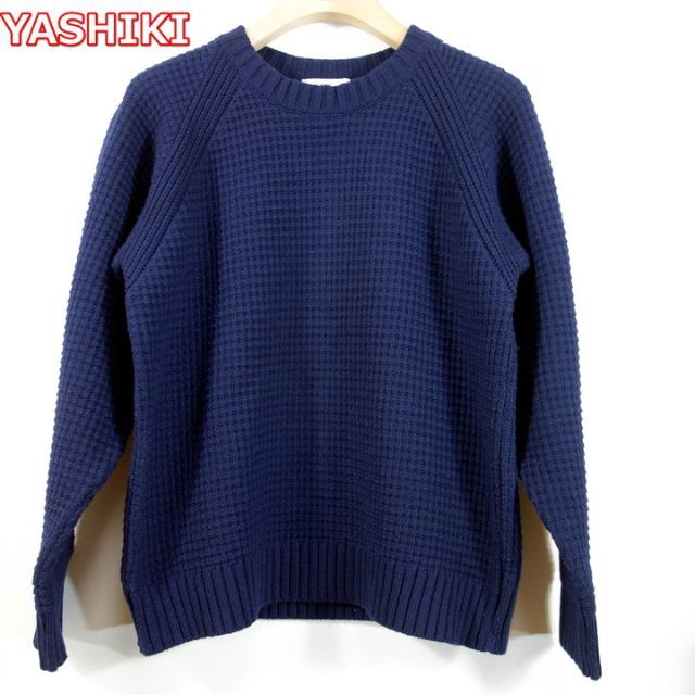 【良品】ヤシキ　格子編みクルーネックニット　YASHIKI