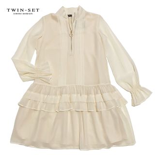 ツインセット(TWIN-SET)の新品ツインセット 長袖シフォンワンピース　白  #XS TWIN-SET(ひざ丈ワンピース)