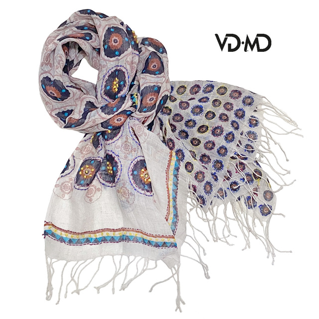 新品VD・MDエスニック風　刺繍プリント　リネン100％ストール白 レディースのファッション小物(ストール/パシュミナ)の商品写真