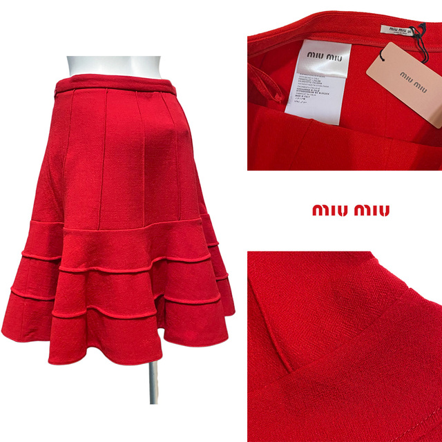 miumiu(ミュウミュウ)の新品ミュウミュウmiu miuウール　フレアースカート　赤　#38 レディースのスカート(ひざ丈スカート)の商品写真