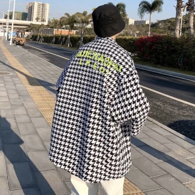 メンズ 千鳥柄 モノトーン チェック シャツ ジャケット 長袖 韓国 ストリート メンズのトップス(シャツ)の商品写真