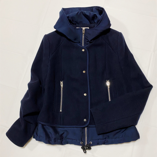 ZARA(ザラ)のZARA  フーディー ツイード ブルゾン 羊毛  紺  あったかい レディースのジャケット/アウター(ブルゾン)の商品写真