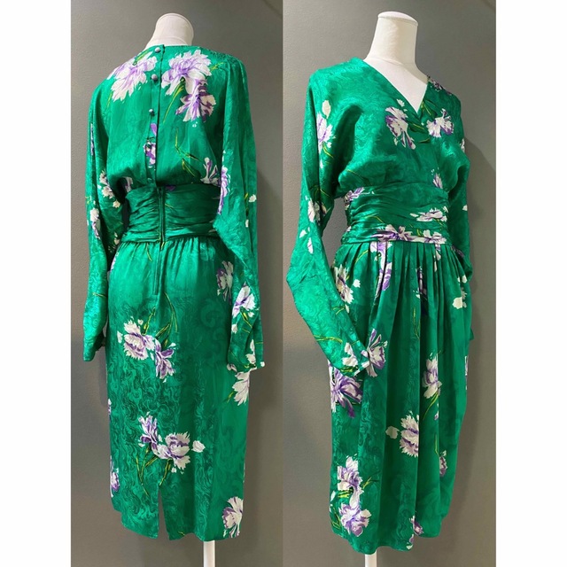 ビンテージ 80s 花柄 総柄 緑 シルク 長袖 ワンピース ドレス 希少 美品 3