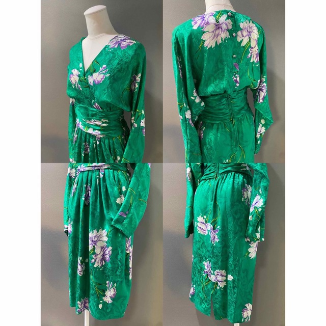 ビンテージ 80s 花柄 総柄 緑 シルク 長袖 ワンピース ドレス 希少 美品 5