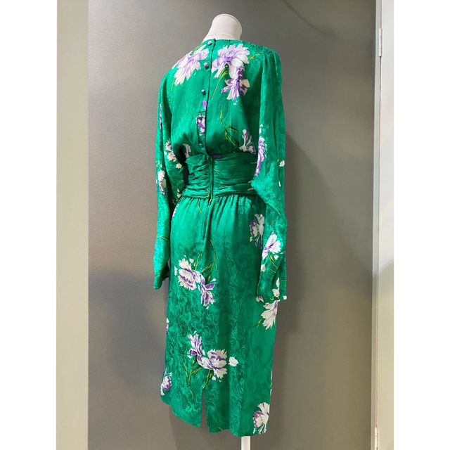 ビンテージ 80s 花柄 総柄 緑 シルク 長袖 ワンピース ドレス 希少 美品 1
