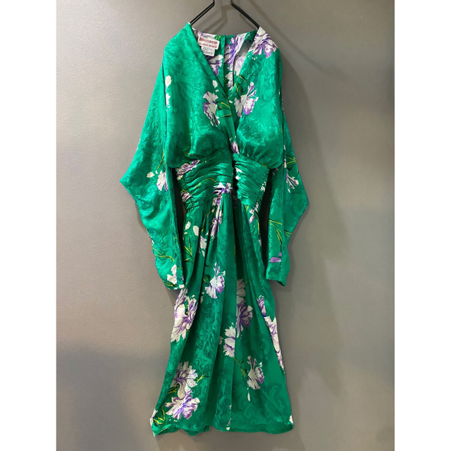 ビンテージ 80s 花柄 総柄 緑 シルク 長袖 ワンピース ドレス 希少 美品 8