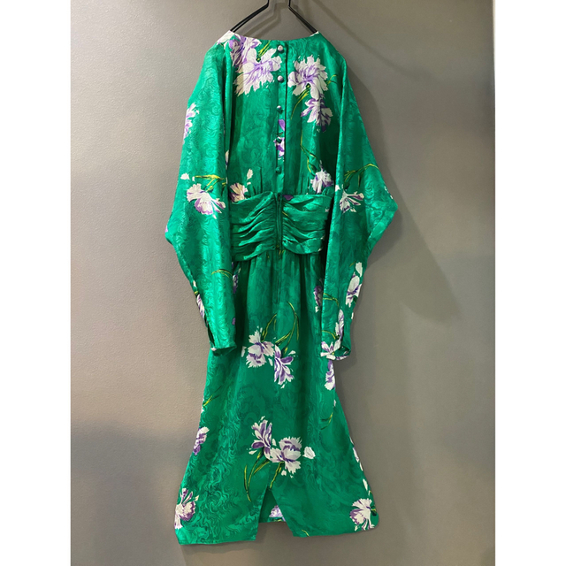 ビンテージ 80s 花柄 総柄 緑 シルク 長袖 ワンピース ドレス 希少 美品 9