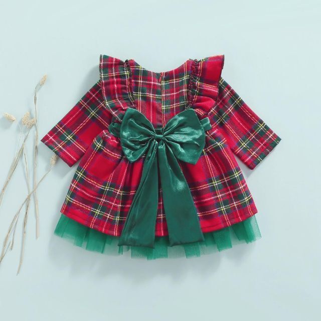 80赤タータンチェックワンピースドレス♥緑色リボン♥クリスマス子供服キッズ女の子